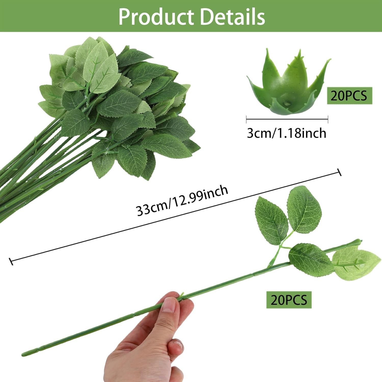 20PCS Floral Wire Stem with Leaves and 20PCS Artificial Flower Calyxes Set, f…