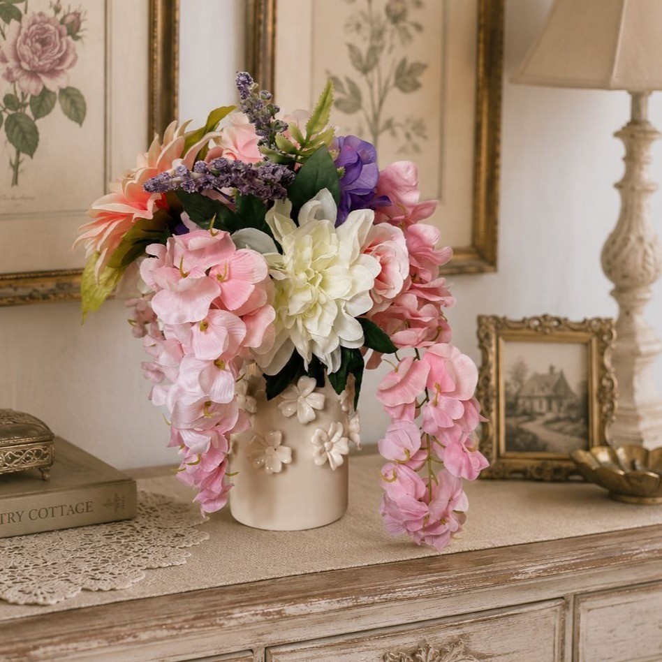 Pink Silk Floral Arrangement White Daisy Ceramic Vase Hydrangea Dahlia Decor