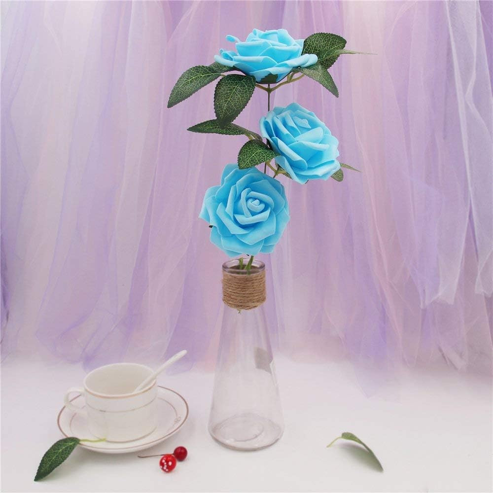 Artificial Flowers 25pcs Real Looking Blue Foam Fake Roses with Stems for DIY…