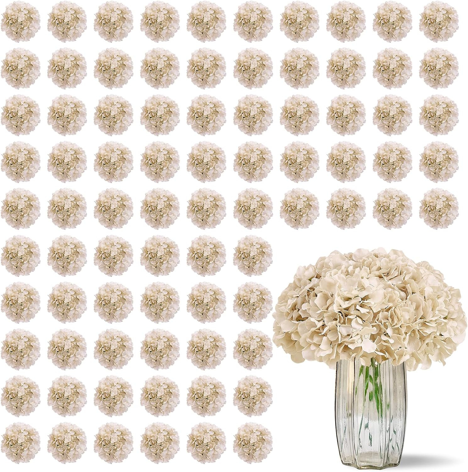 100 PCS Ivory Hydrangea Artificial Flowers, Faux Hydrangea Flowers Silk Full Flo