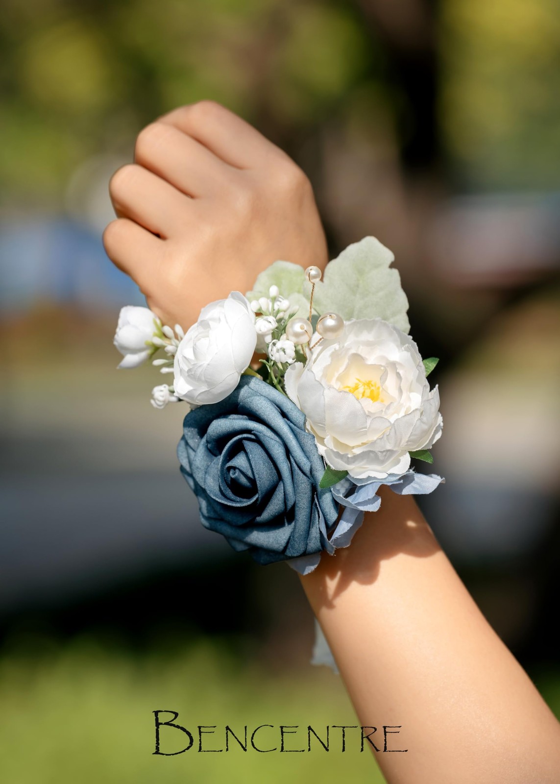 6 PCS Dusty Blue Corsages Wedding Prom Party Hand Flower Decor Wrist Band