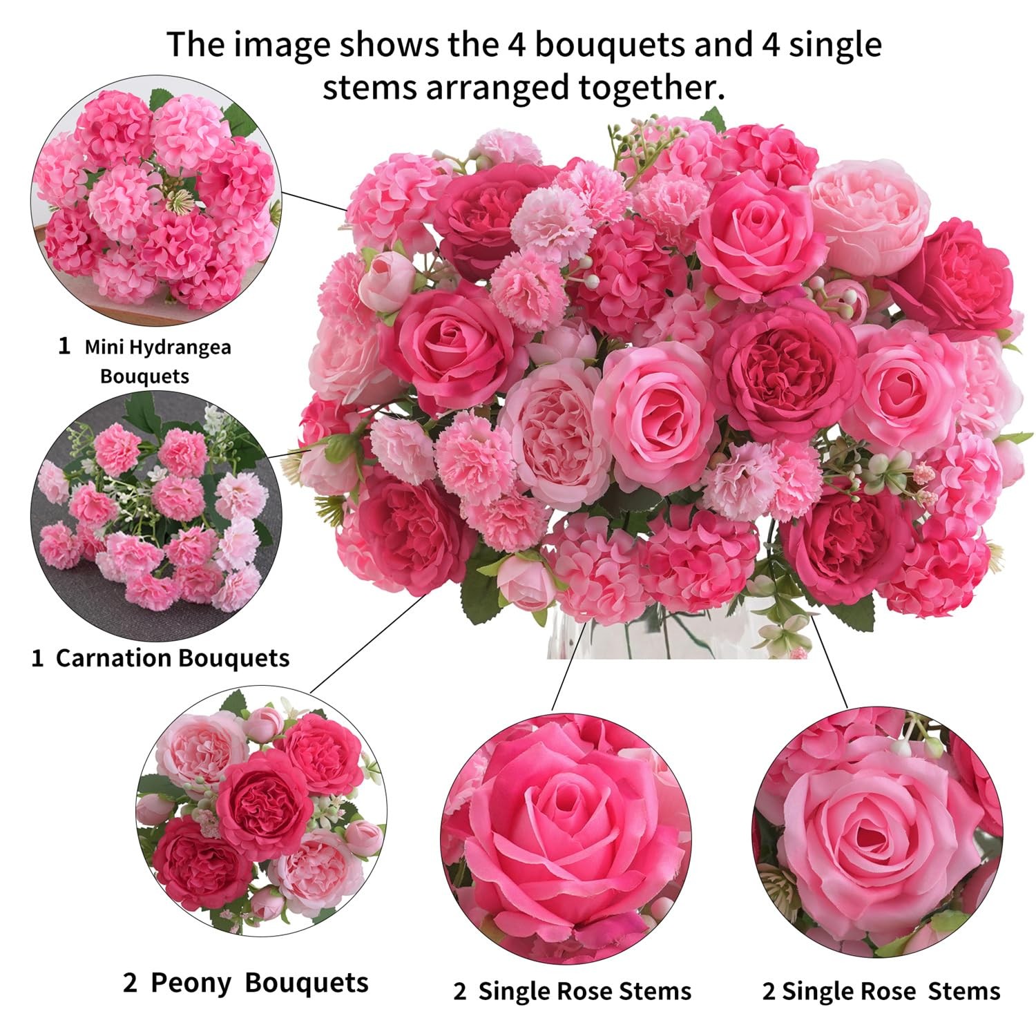 8 Pcs Mixed Artificial Peony Flowers Set-4 Bouquets & 4 Stems, Pink Fake Peon…