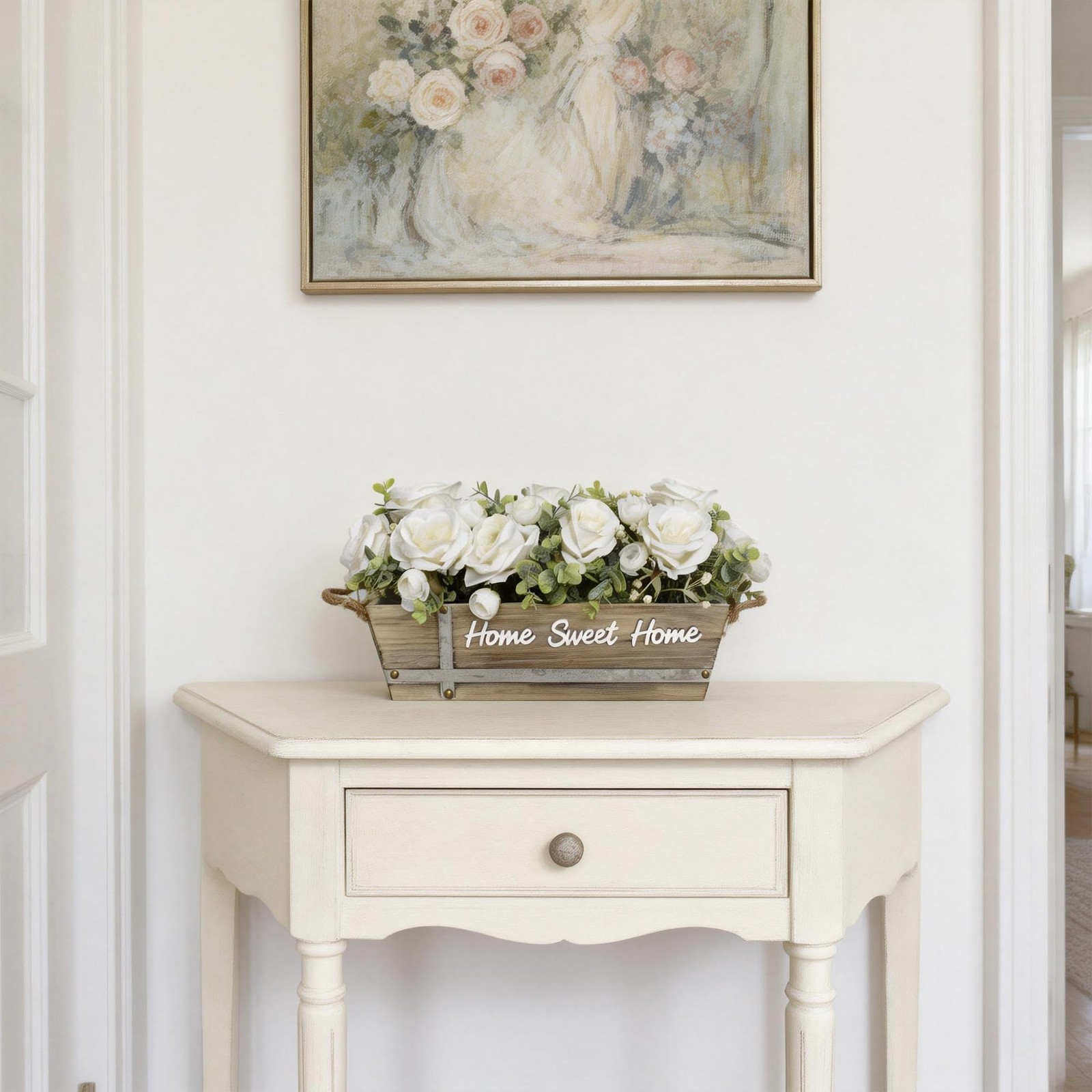 Artificial Rose Flower Arrangement with Eucalyptus in Wooden Planter, Faux Fl…