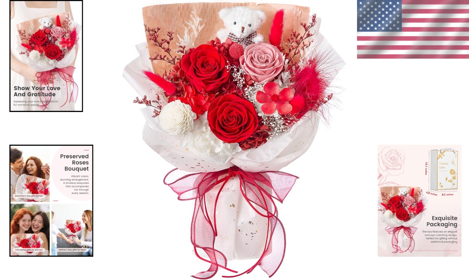 Romantic Forever Flower Arrangement Red Roses with Bear Ideal for Anniversary