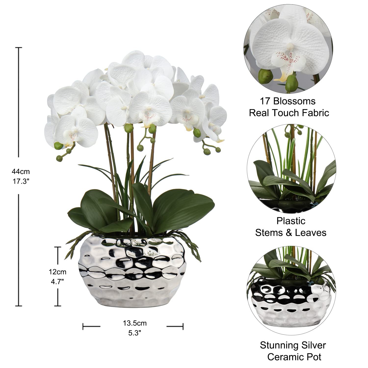 Orchids Artificial Flowers 18″ White Phalaenopsis Large Orchid with Silver Ce…