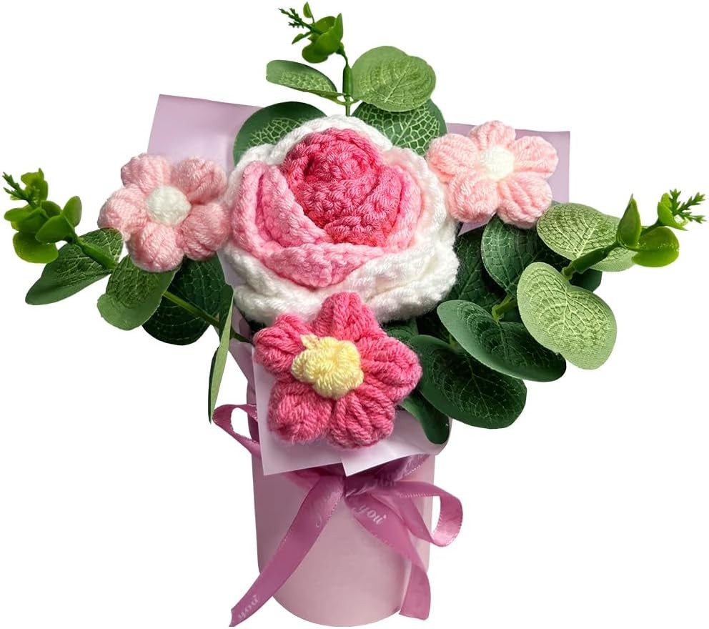 Crochet Medium Rose Flower Bouquet: Handmade Knitted Bouquet for Mother’s Day Bi