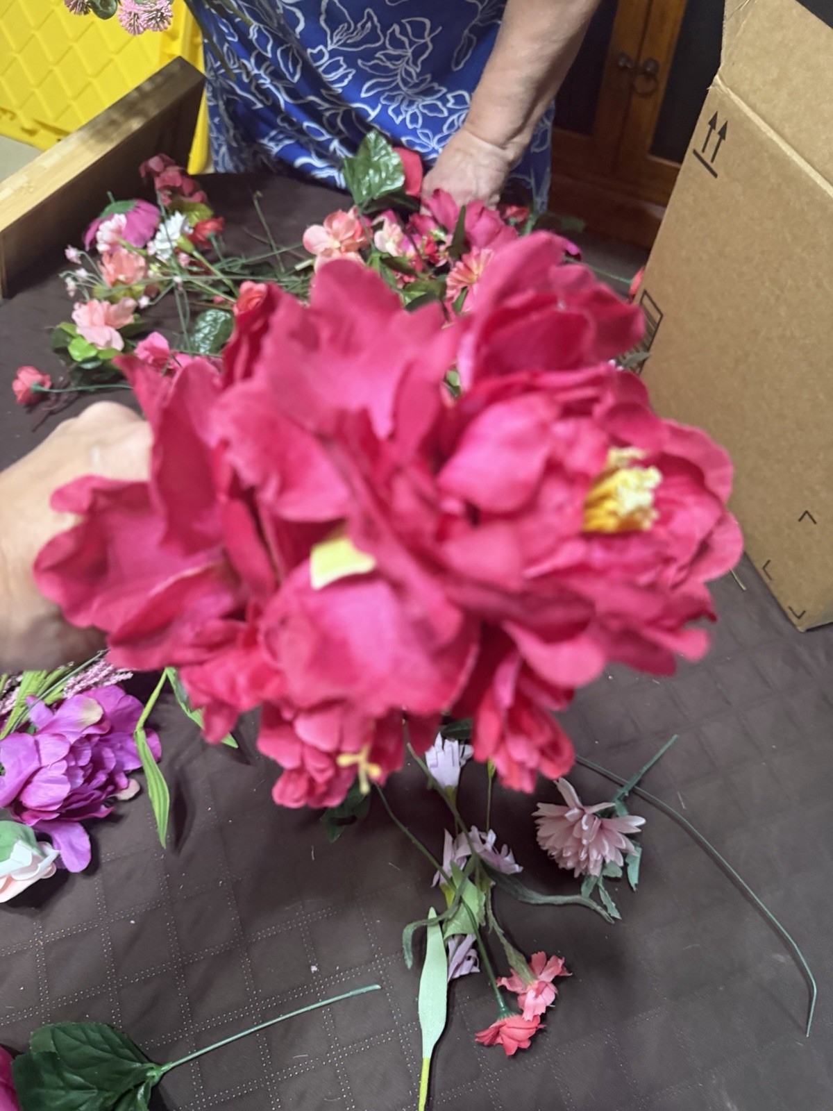 Large Lot / Box of Miscellaneous Artificial Silk Flowers – Bright Pink Shades
