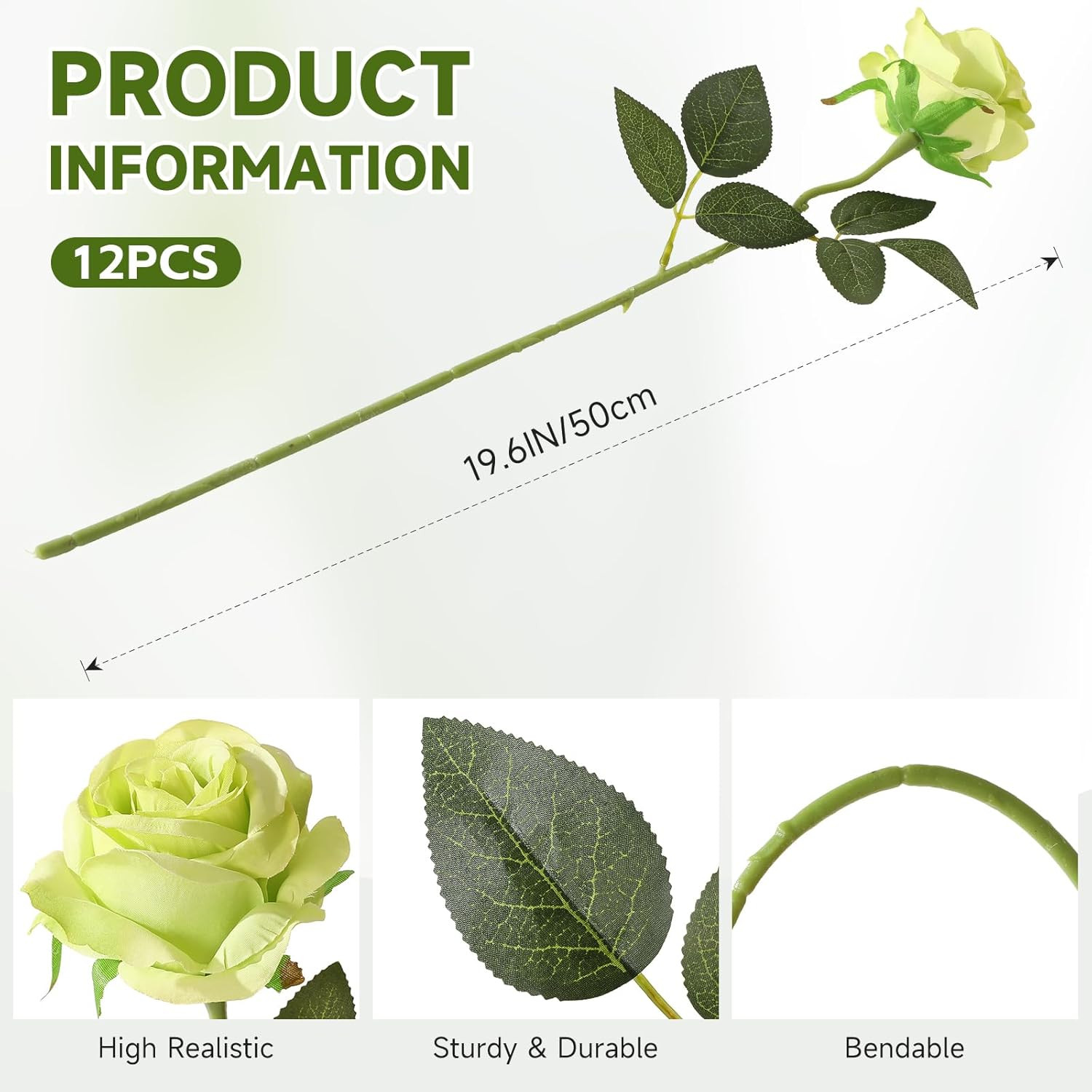 Green Roses Artificial Flowers -12Pcs Realistic Single Long Stem Fake Silk Roses