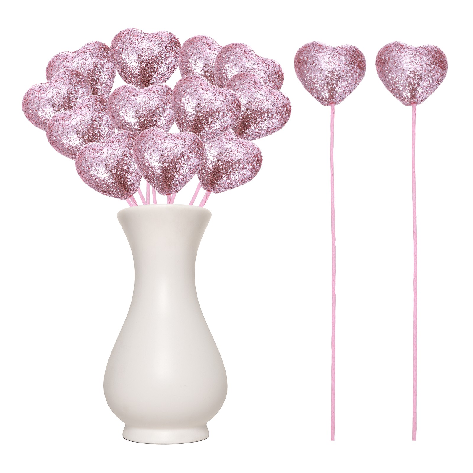 12 Pcs Glitter Heart Shaped Picks Puffy Foam Hearts Stick (Pink, 4cm x 22cm)