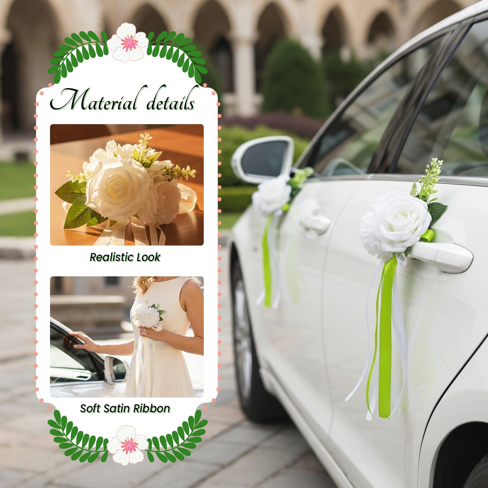 6 PCS White Rose Peony Wedding Car Decor Kit Floral Door Mirror Bows Green