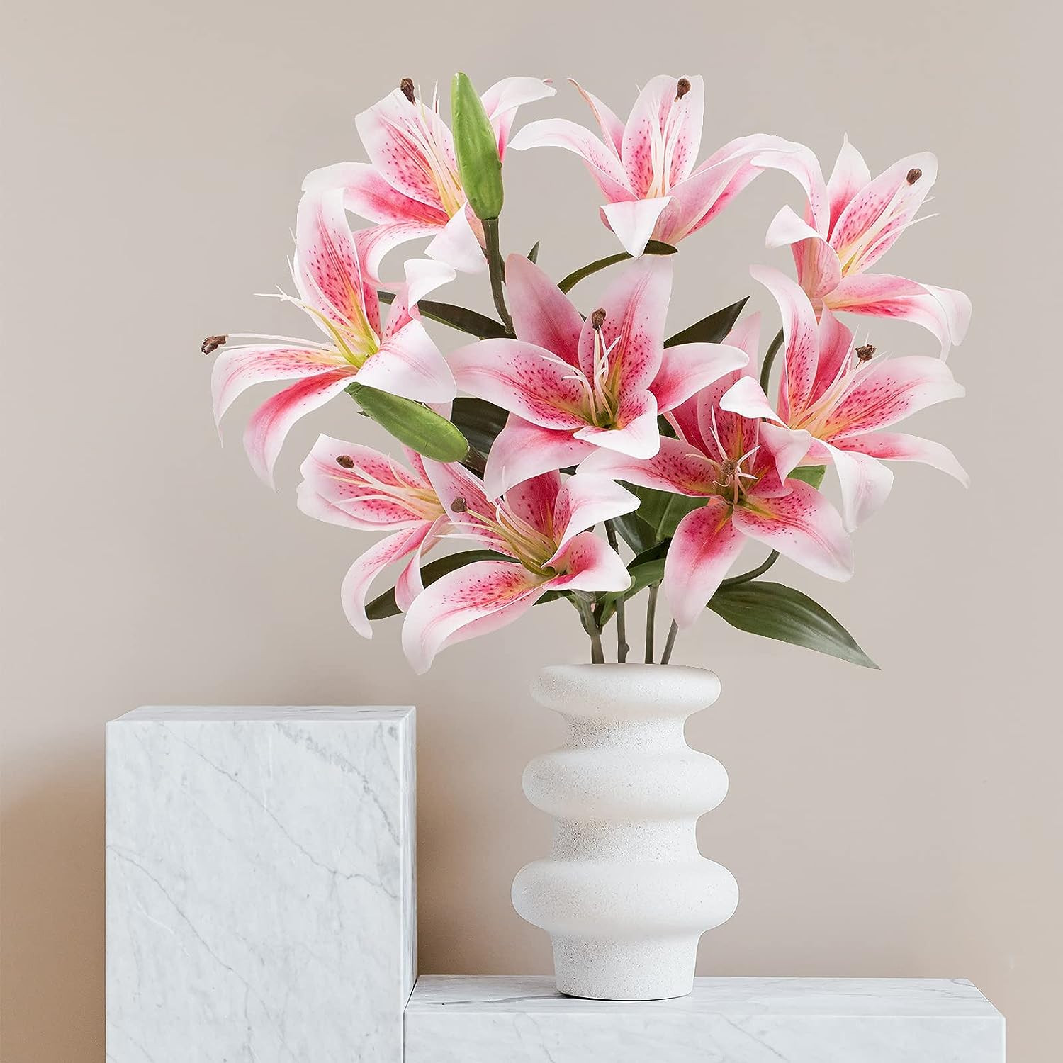 12 Heads Artifical Lily Flowers, Long Stem Artificial Stargazer Lilies with 9…