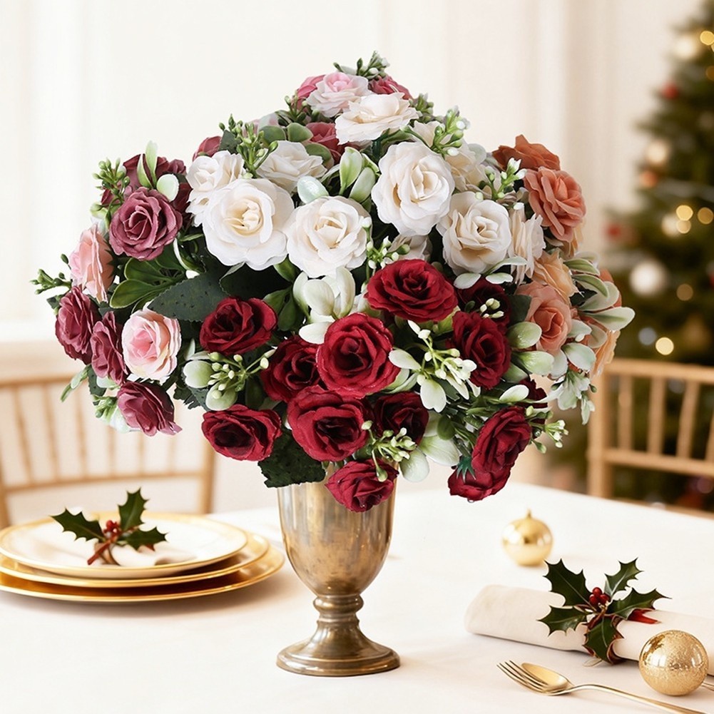 Faux Rose Bouquet with 15 Plastic Blooms for Bridal Use or Interior Decoration