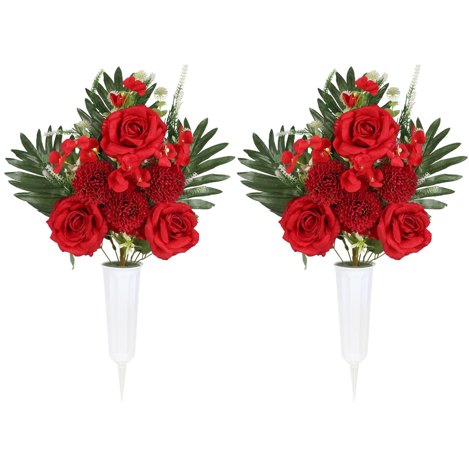 2 Sets Cemetery Flowers for Grave, Outdoor Roses Chrysanthemum Hydrangea Arti…