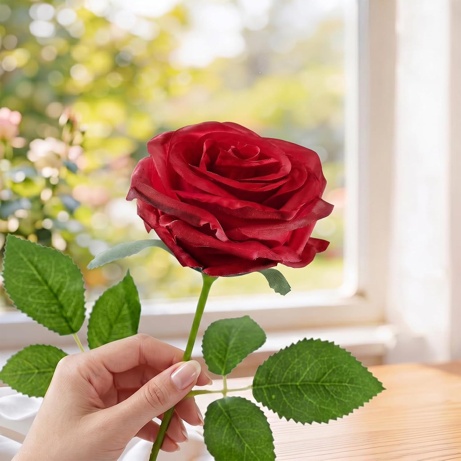50 Pcs Artificial Roses +10 Eucalyptus + 1 Sachet (Rose Red) | Fake Velvet Silk