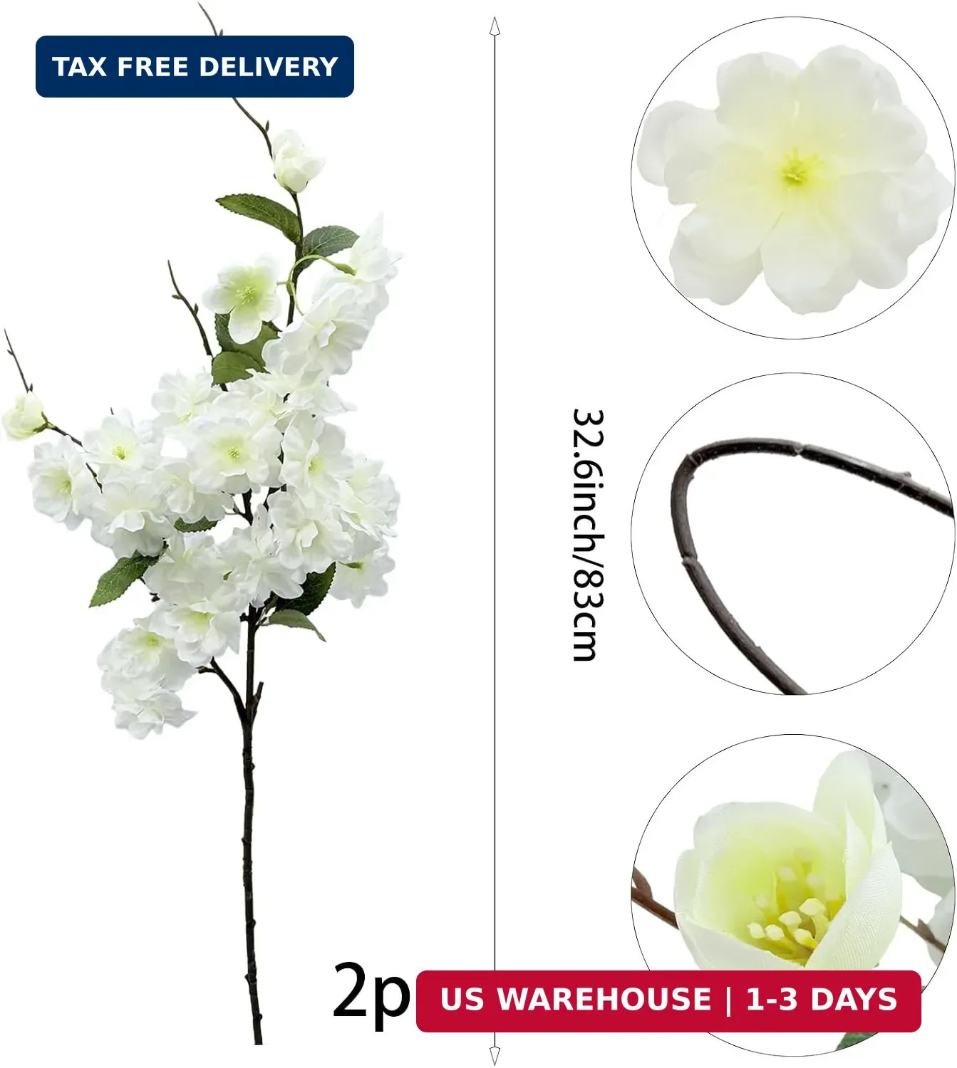 2pcs Artificial Cherry Blossom Flower Bulk Plum White Silk Peach Flowers Cherry