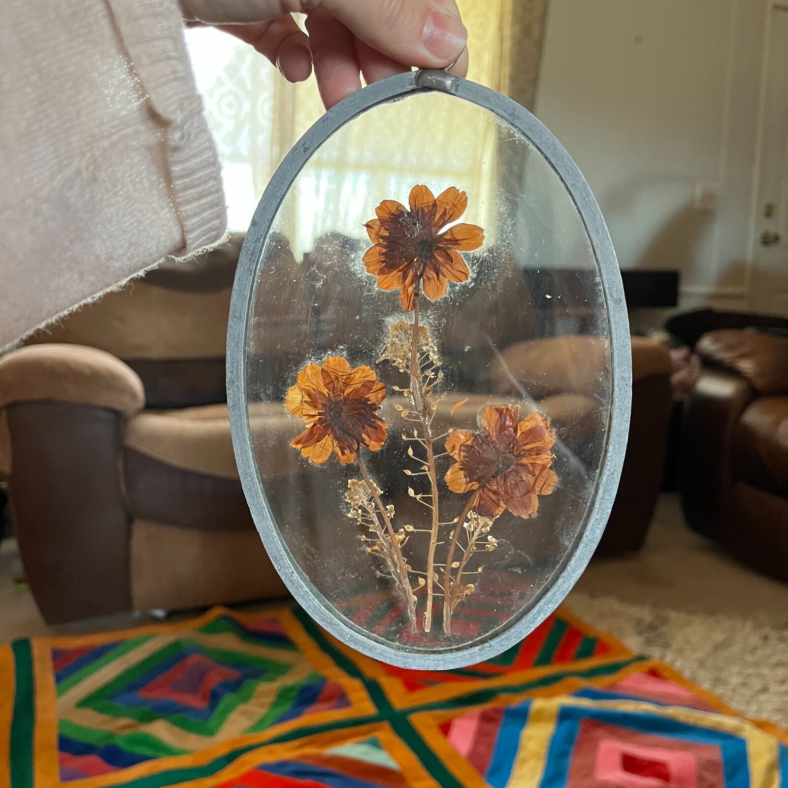Lot of 2 Framed Pressed Flowers Dried Glass Metal Suncatcher 8″ Oval 5″ Circle