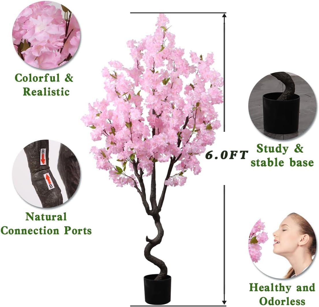 6FT Artificial Pink Cherry Blossom Tree – Faux Floral Decor for Home & Garden