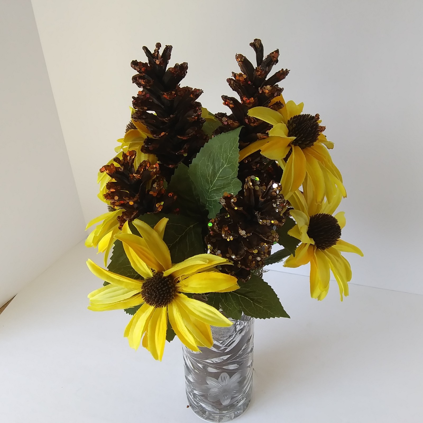 Artificial Yellow Sunflower & Pinecone Fall Arrangement in Cut Glass Vase Decor