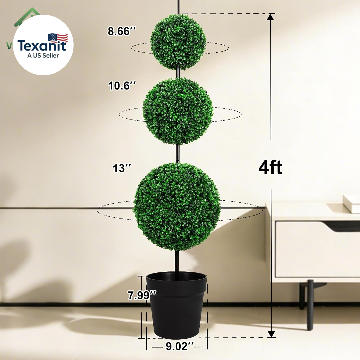 4FT Uv-Resistant Artificial Triple Ball Boxwood Topiary Set of 2, All-Weather Ou
