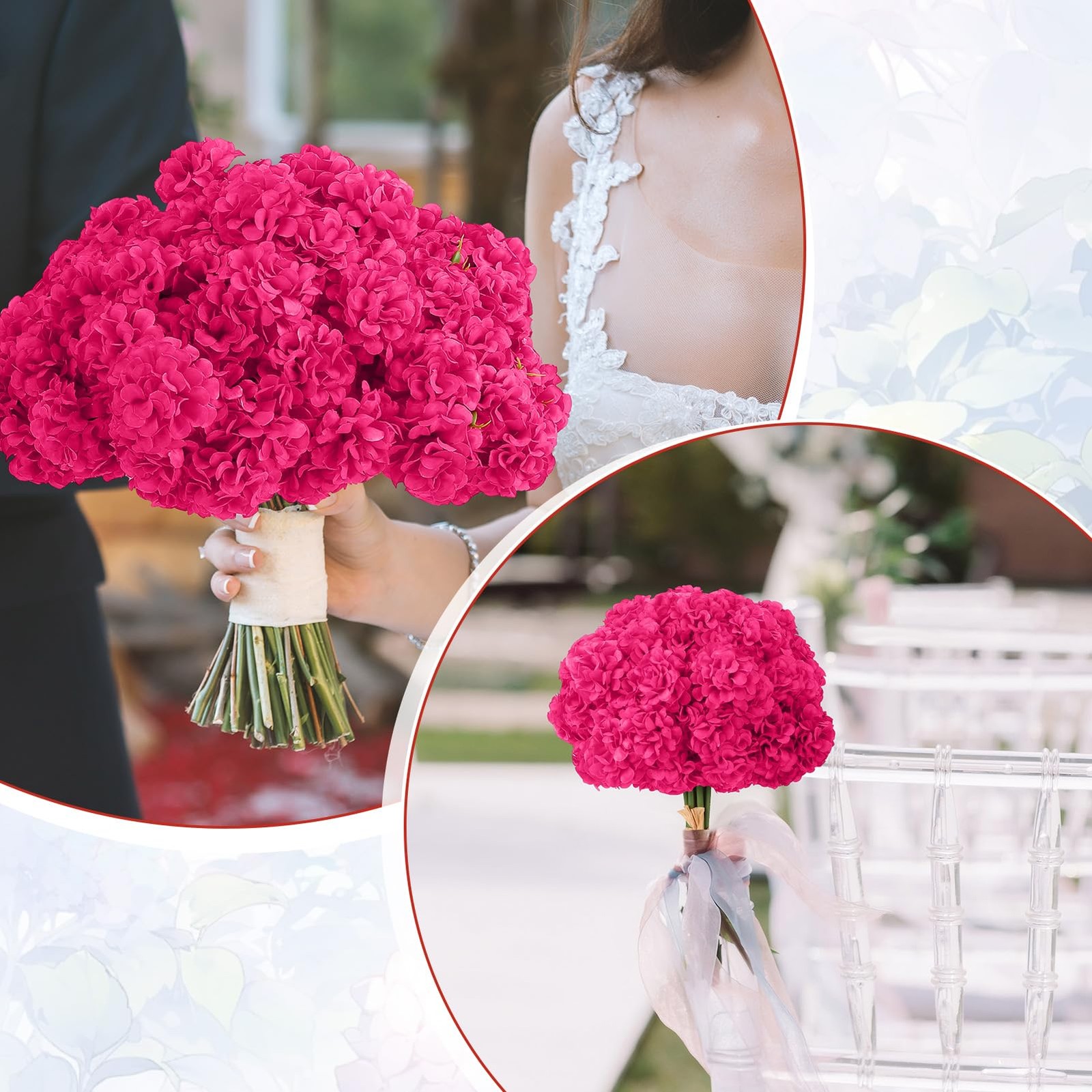 72 Pcs Hot Pink Hydrangea Artificial Flowers, Round Floral Bouquet for Home D…
