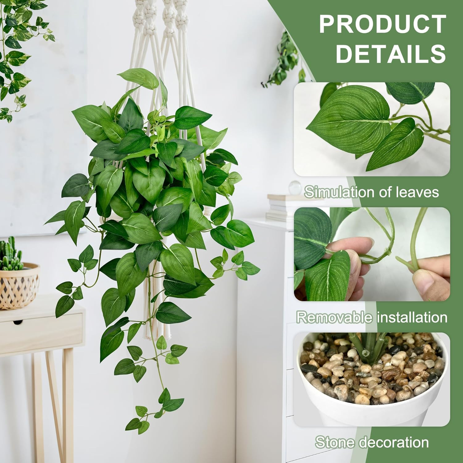 Artificial Hanging Plants with White Pots –2 Pack Fake Pothos Potted Plants Faux
