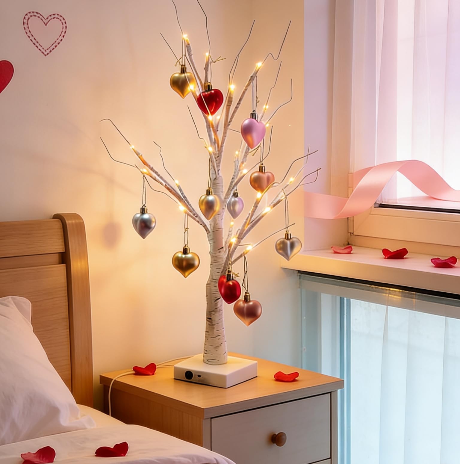 2 PCS Warm White Lighted Birch Tree Heart Ornament USB Battery Valentine Decor