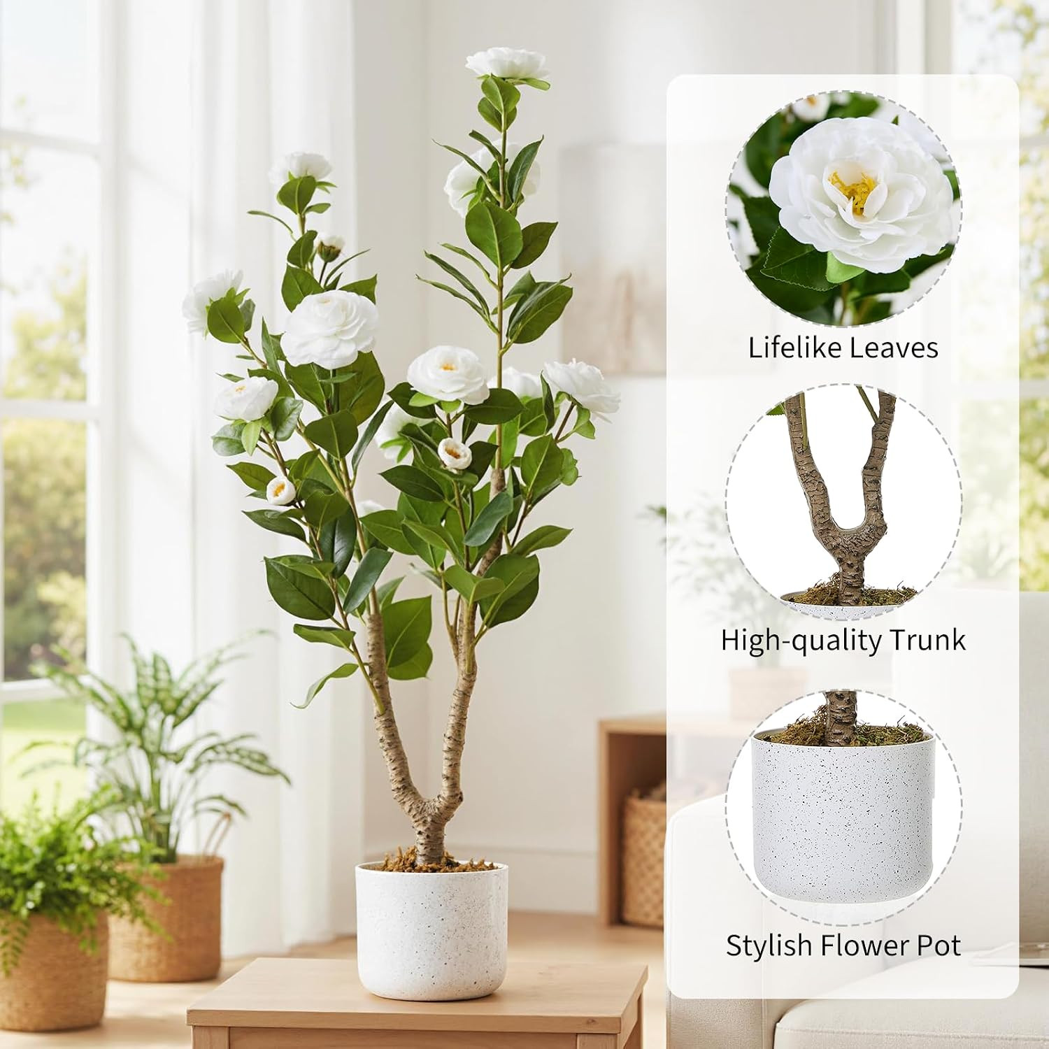 3FT Faux Camellia Tree in Pot – Realistic Indoor/Outdoor Decor with White Flower