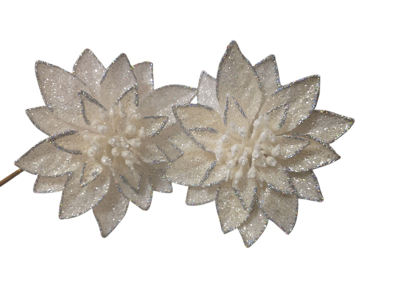 Christmas Flowers~6″ Beautiful White Sparkly Glitter Floral Decor (2 Pc)