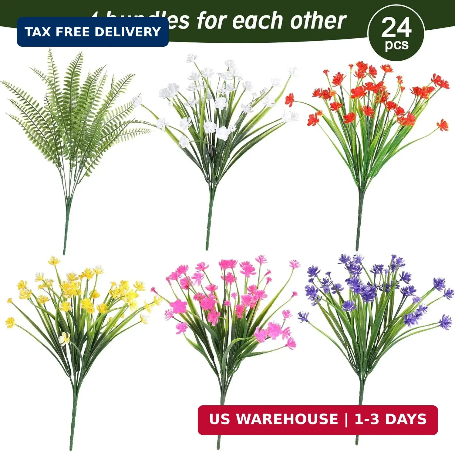 24 Bundles Artificial Outdoor Flowers, UV Resistant Faux Flowers for Outdoor Pla