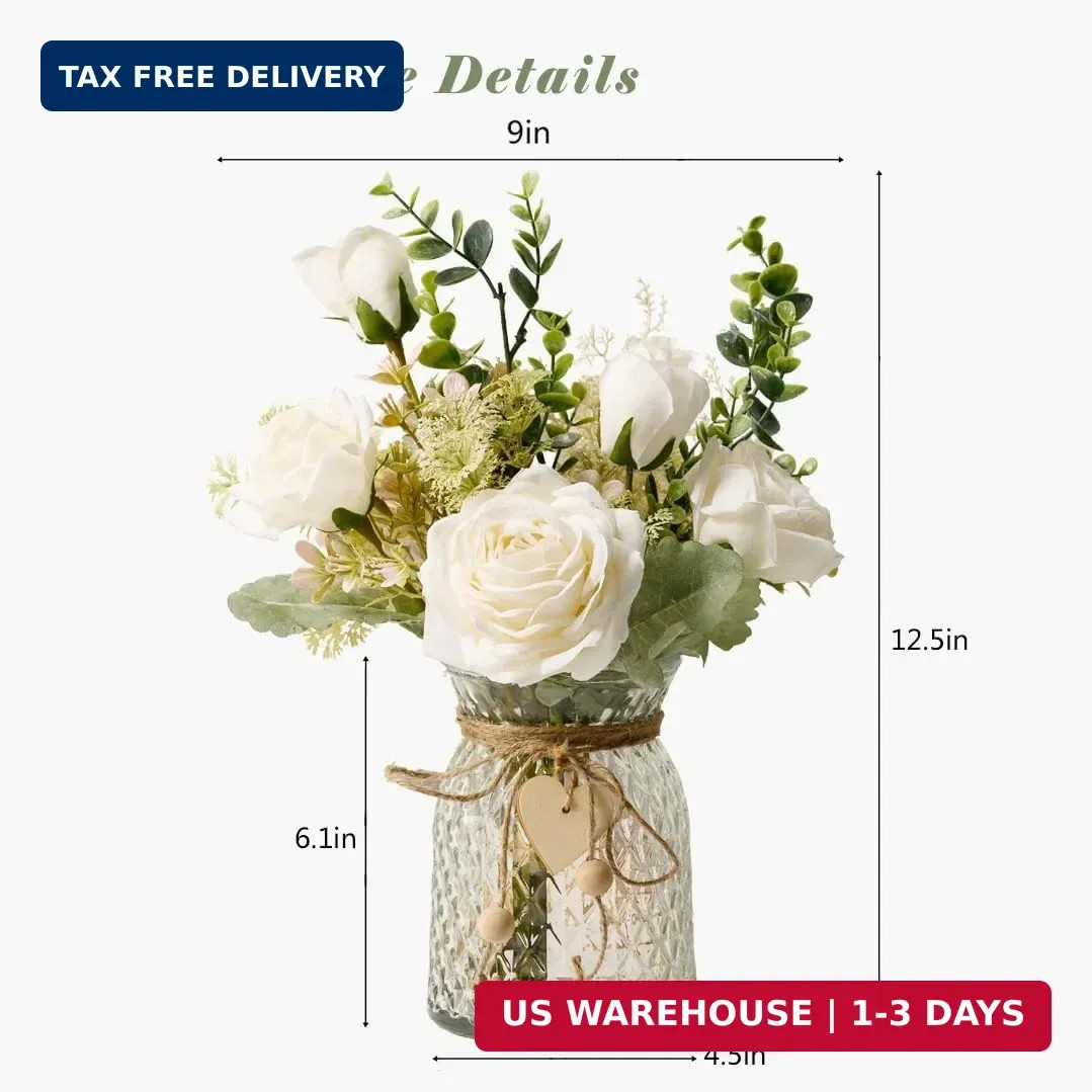 YJ Fake Flowers with Vase, Silk Roses Artificial Flowers in Vase, Faux Flower Pl