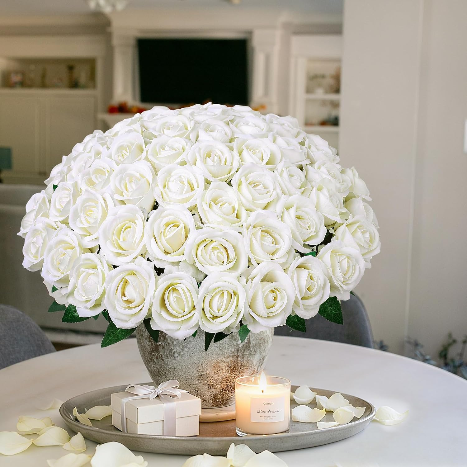 50 PCS Ivory Roses Artificial Flowers, Fake Roses with Stem Realistic Silk Roses