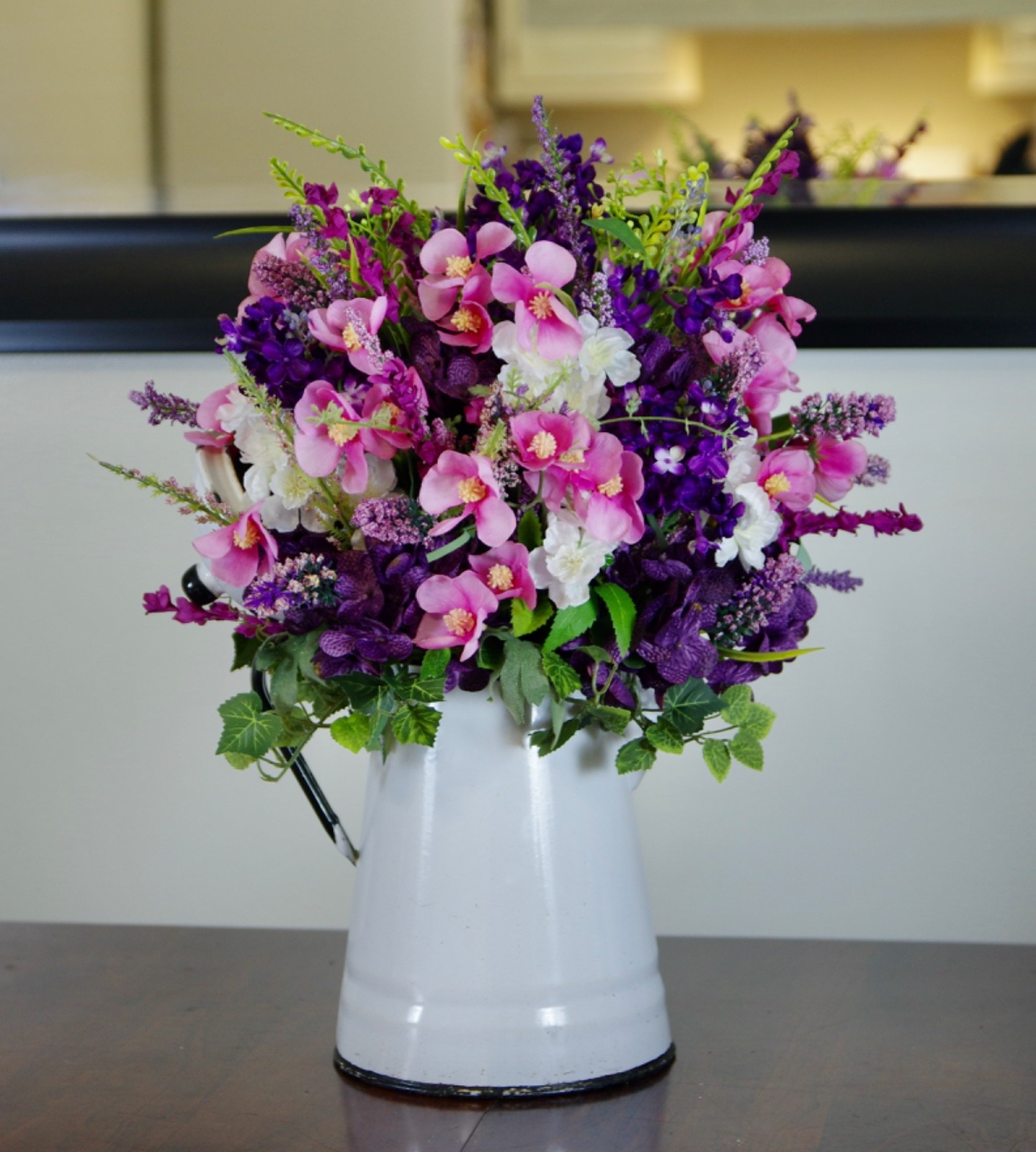 Silk Pink and Purple Arrangement in a Vintage Enamel White Cowboy Coffee Pot