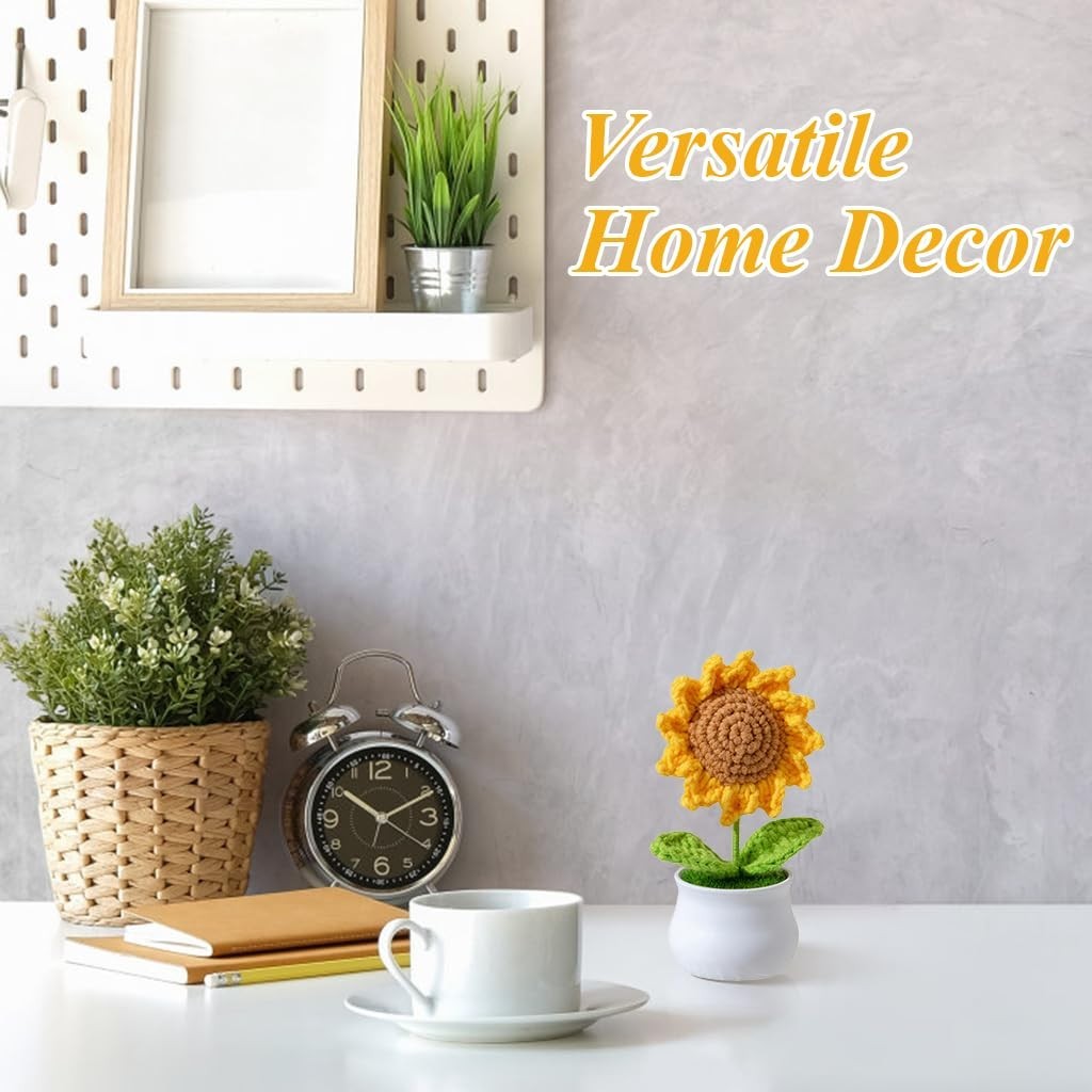 Desk Decor Small Sunflower Flower Pot Handmade Crochet, Book Shelf, Table Top