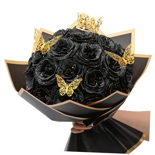 Glitter Roses Bouquet, DIY Fake Flowers Bouquet, Birthday Gifts 24pcs Black