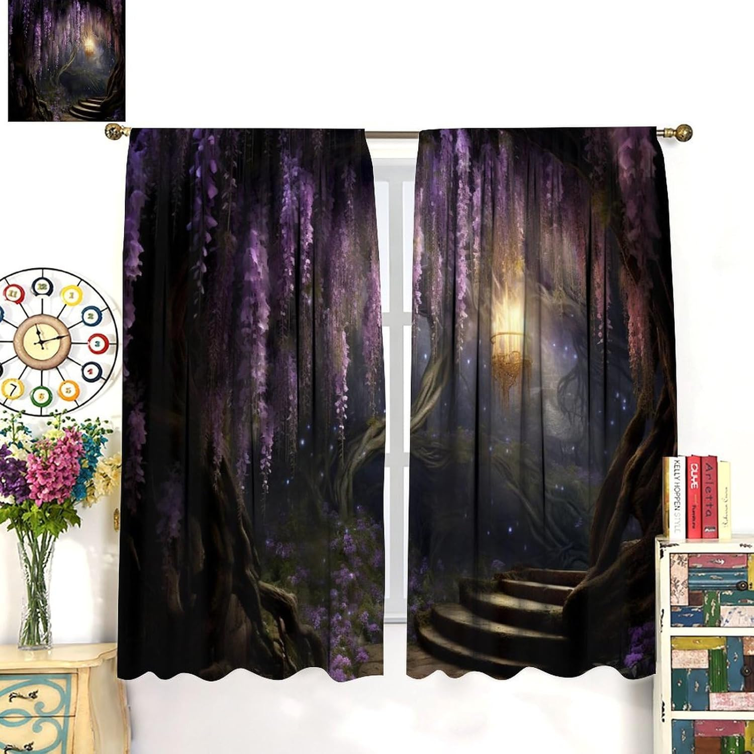 Fantasy Forest Curtains, Enchanted Wonderland Purple Wisteria Flower Lanterns Na