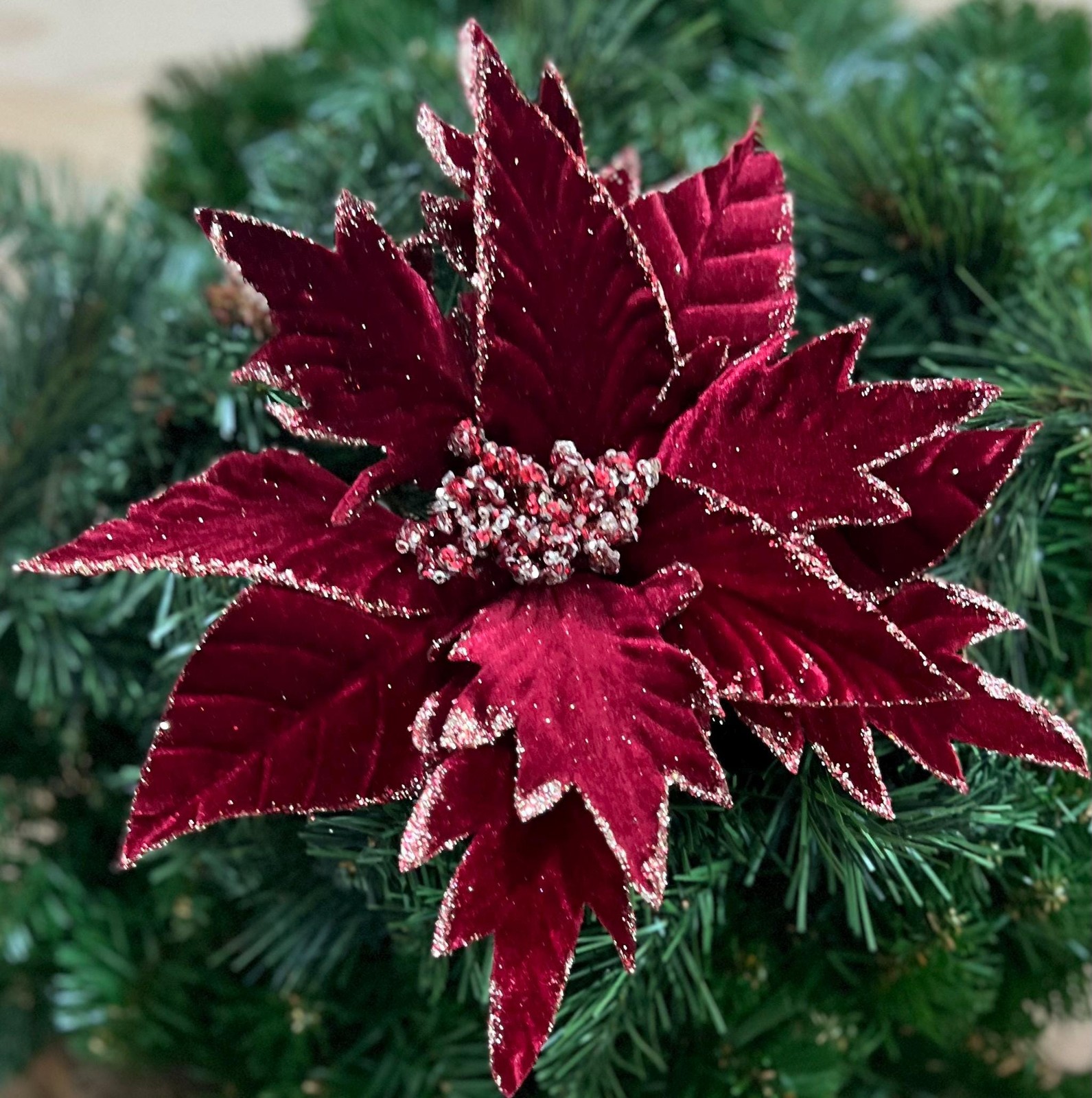 Burgundy Velvet and Glitter Poinsettia Flower Pick Stem Christmas Wreath Accent