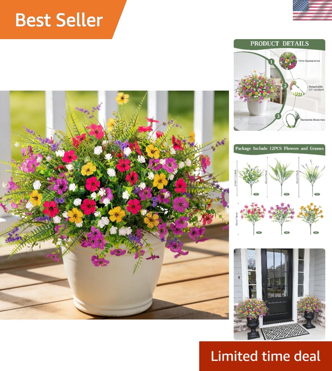 Low Maintenance Outdoor Decoration – 12 PCS Mixed Faux Flowers & Ferns