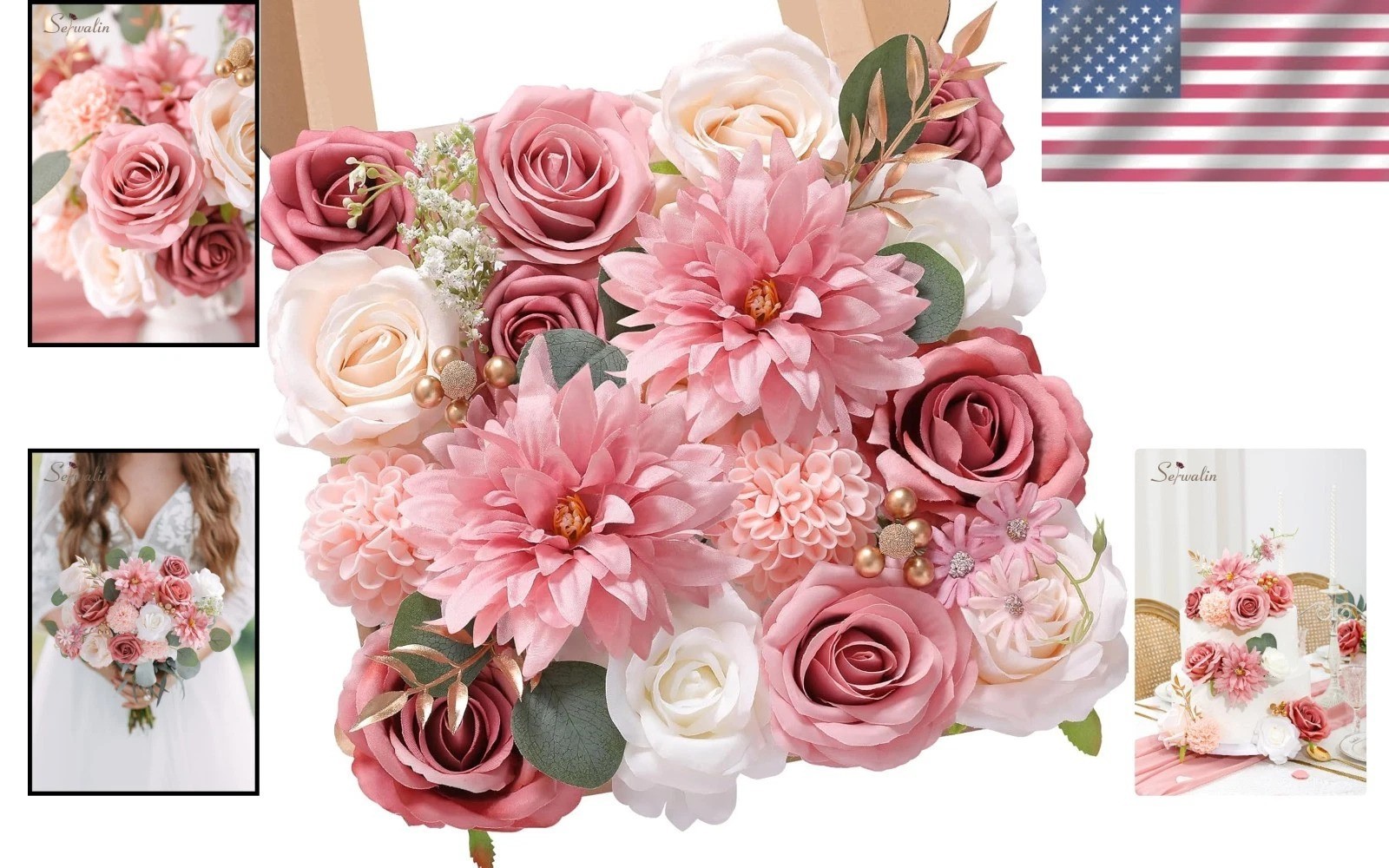 Luxury 2 Boxes Silk Pink Dahlia Roses Flowers For Wedding Bridal Bouquet