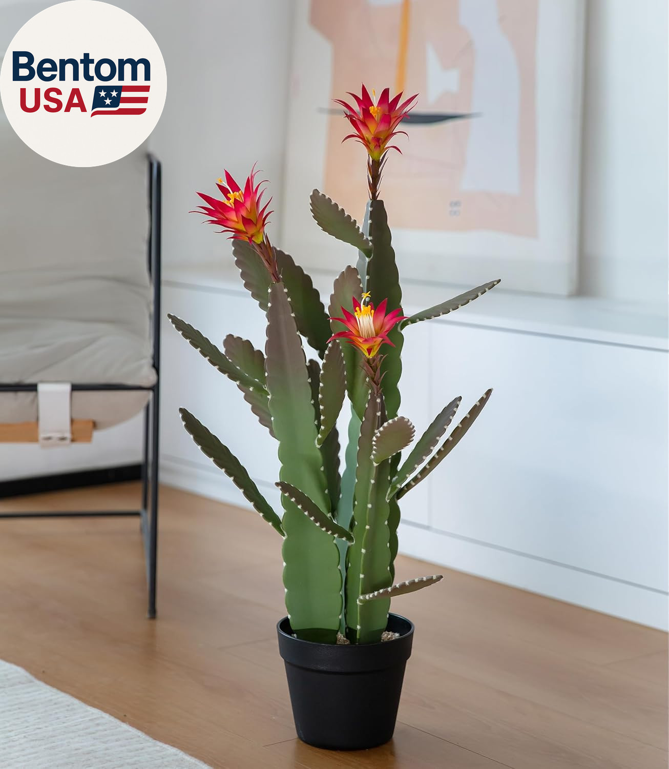 33 Inch Large Artificial Cactus with Magenta Flowers in Pot with Natural Gravel.