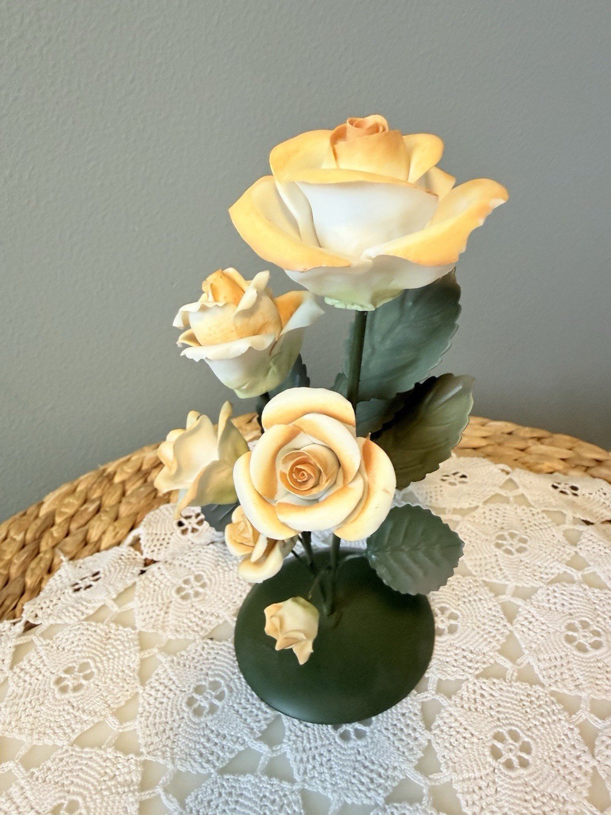 Porcelain Rose Flower Arrangement Metal Base 10” Peach Floral Home Decor