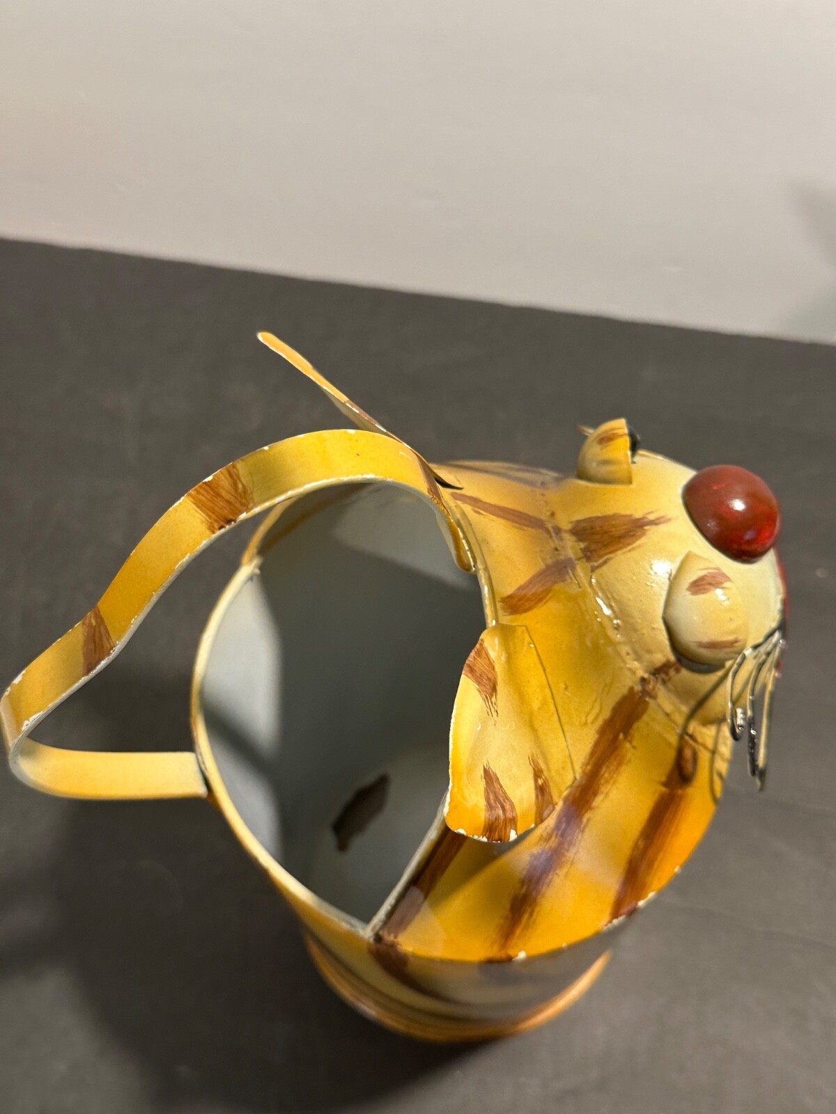 Metal Hand-Painted & Distressed Whimsical Yellow Tabby Kitty Cat Watering Can
