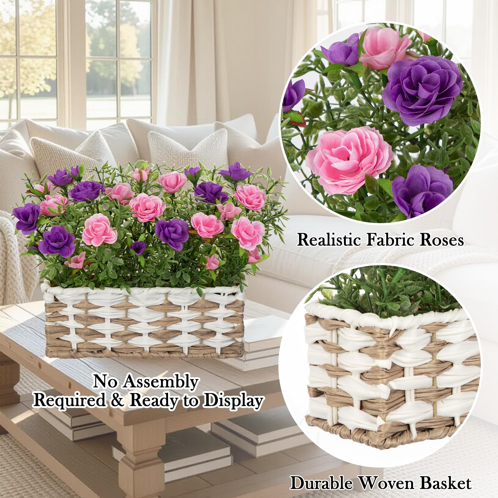 Artificial Rose Flowers with Woven Basket, Faux Blooming Roses in Fake Rattan…