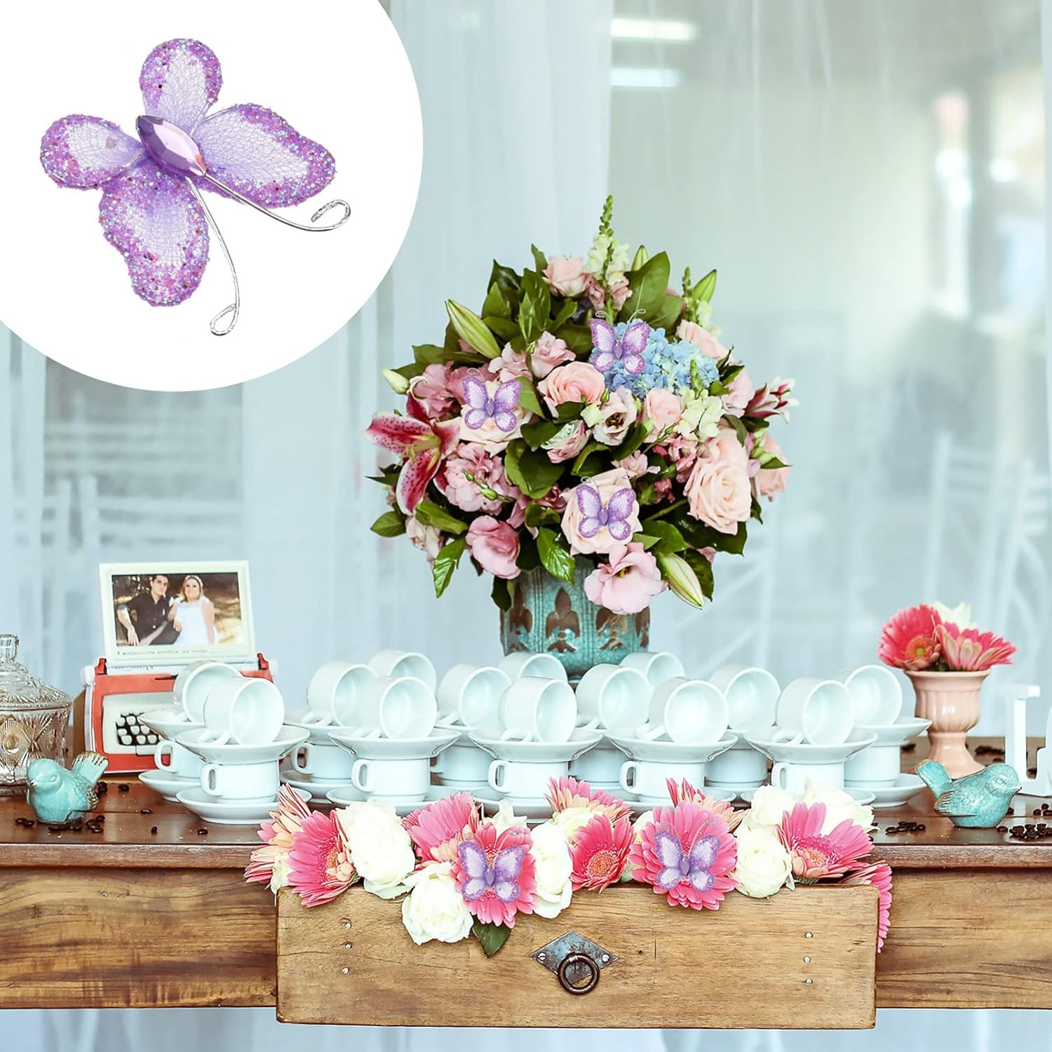 50Pcs Butterflies, DIY Craft Sheer Mesh Wire Glitter Butterfly with Gem for Wedd