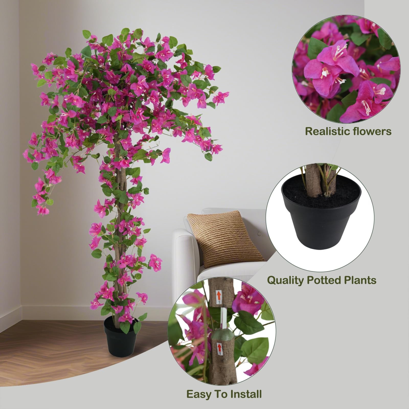 5ft Artificial Bougainvillea Tree, Large Silk Faux Bougainvillea Plant with P…