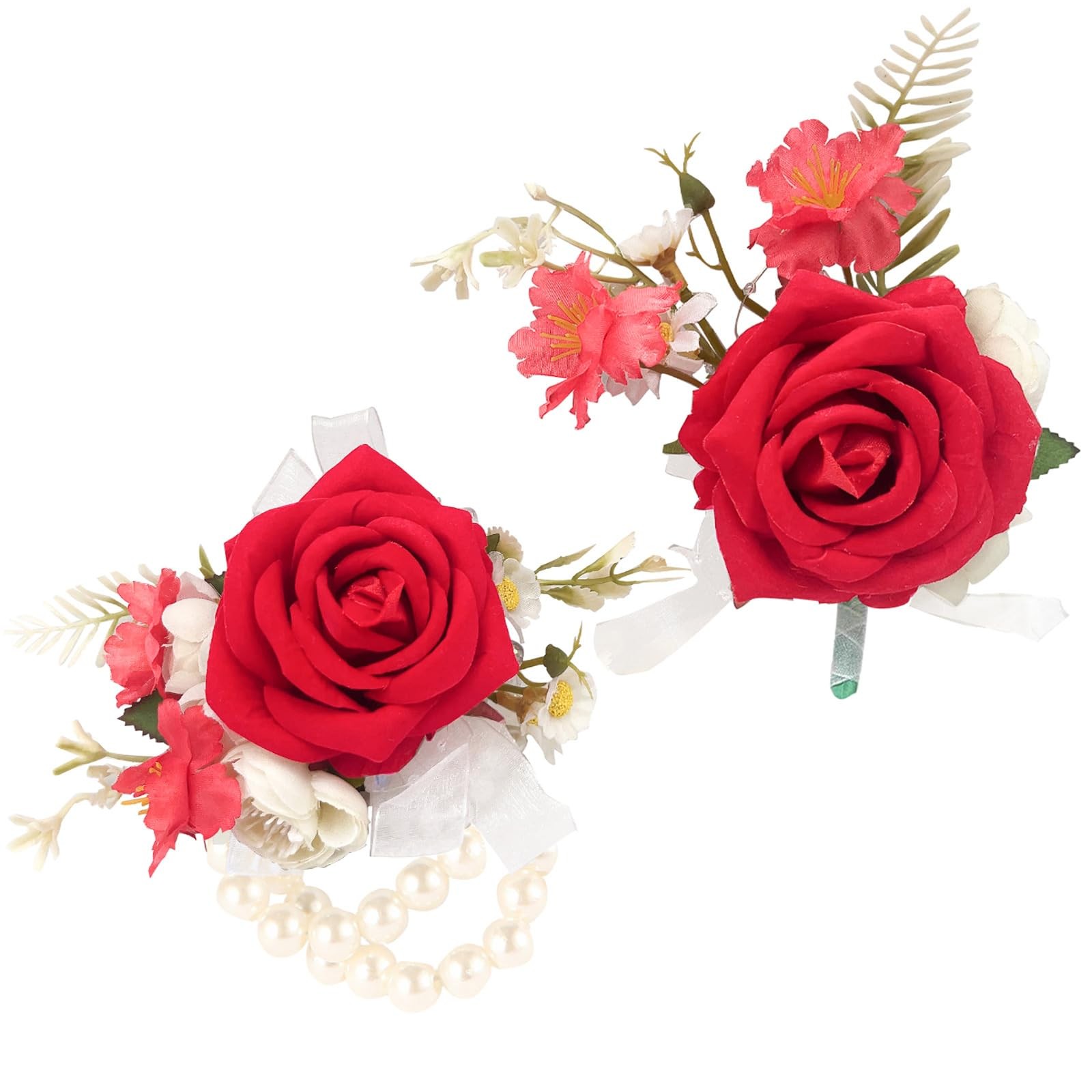 Red Artificial Rose Wrist Corsage, Boutonniere Set for Wedding, Prom Party 2 PCS