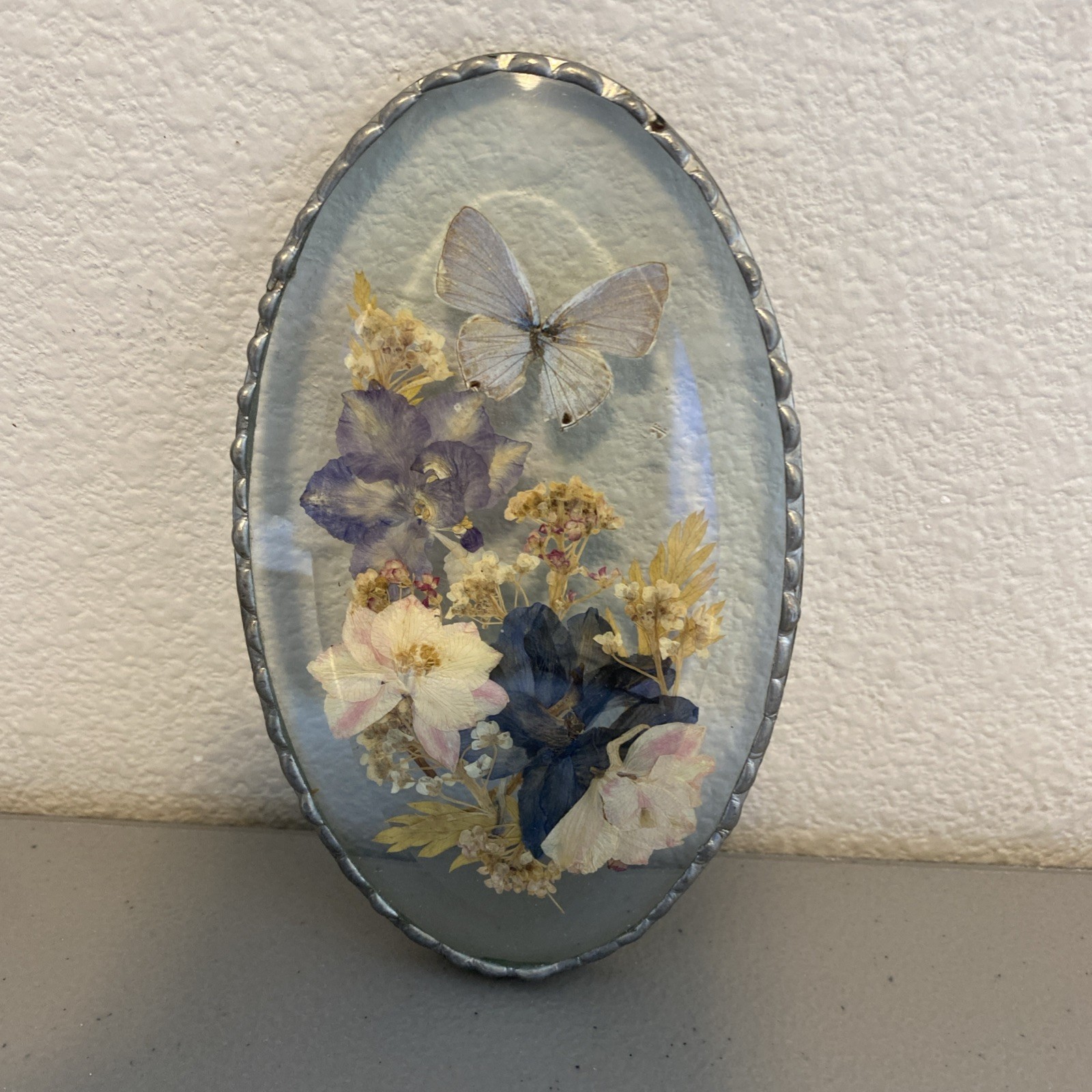 Vintage Pressed In Glass Butterfly & Flowers Pewter Frame Plaque Or Suncatcher