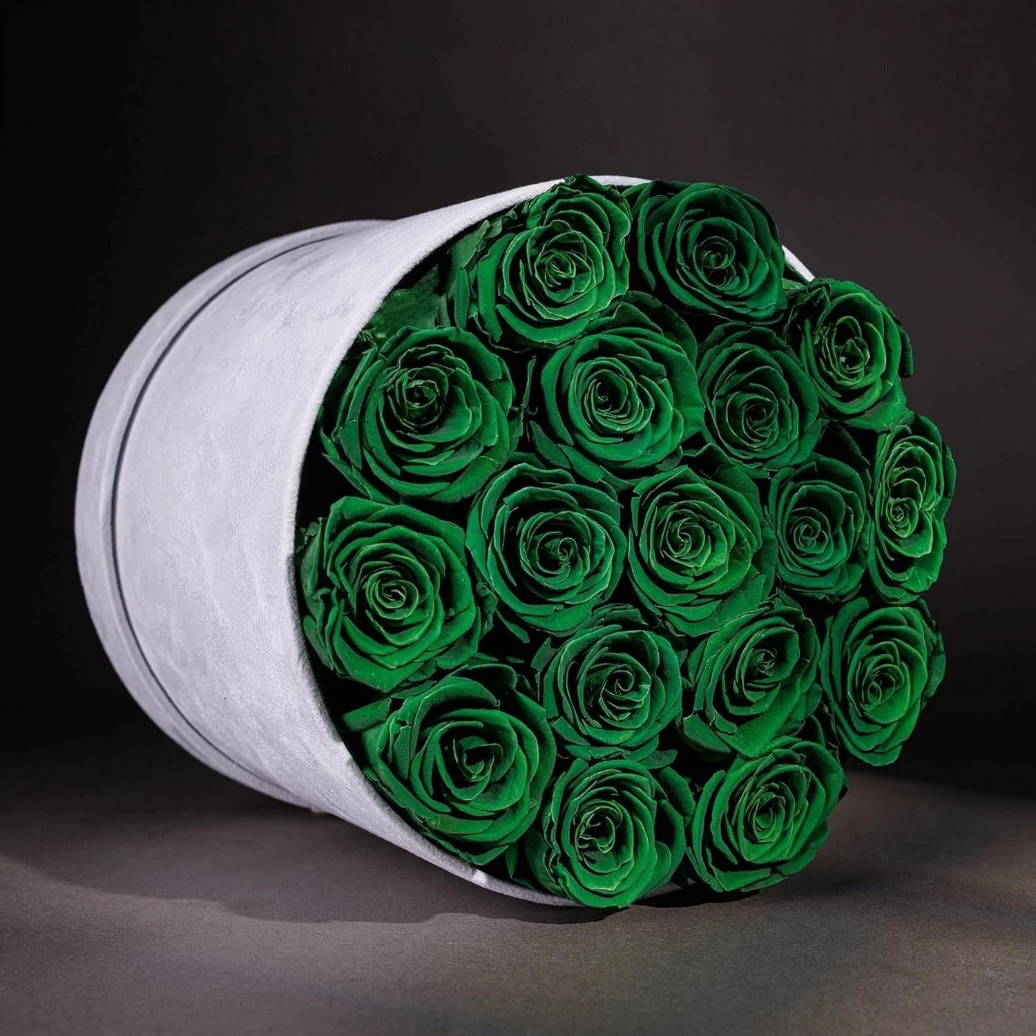 Handcrafted 17 Preserved Roses in Dark Green Suede Box – Effortless Elegance