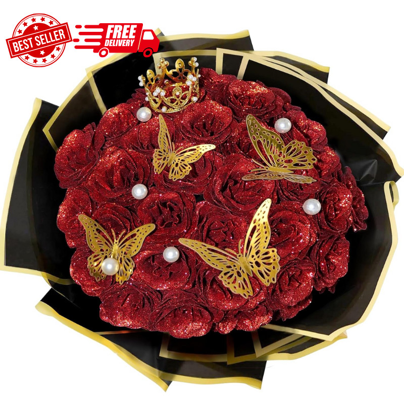 Red Glitter Roses Bouquet, 24 Pcs Shiny Glitter Flowers Bouquet, Everlasting Art