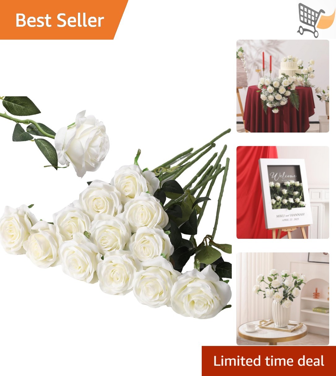 Artificial Silk Roses Bouquet 12PCS Long Stem Faux Flowers for Home Wedding