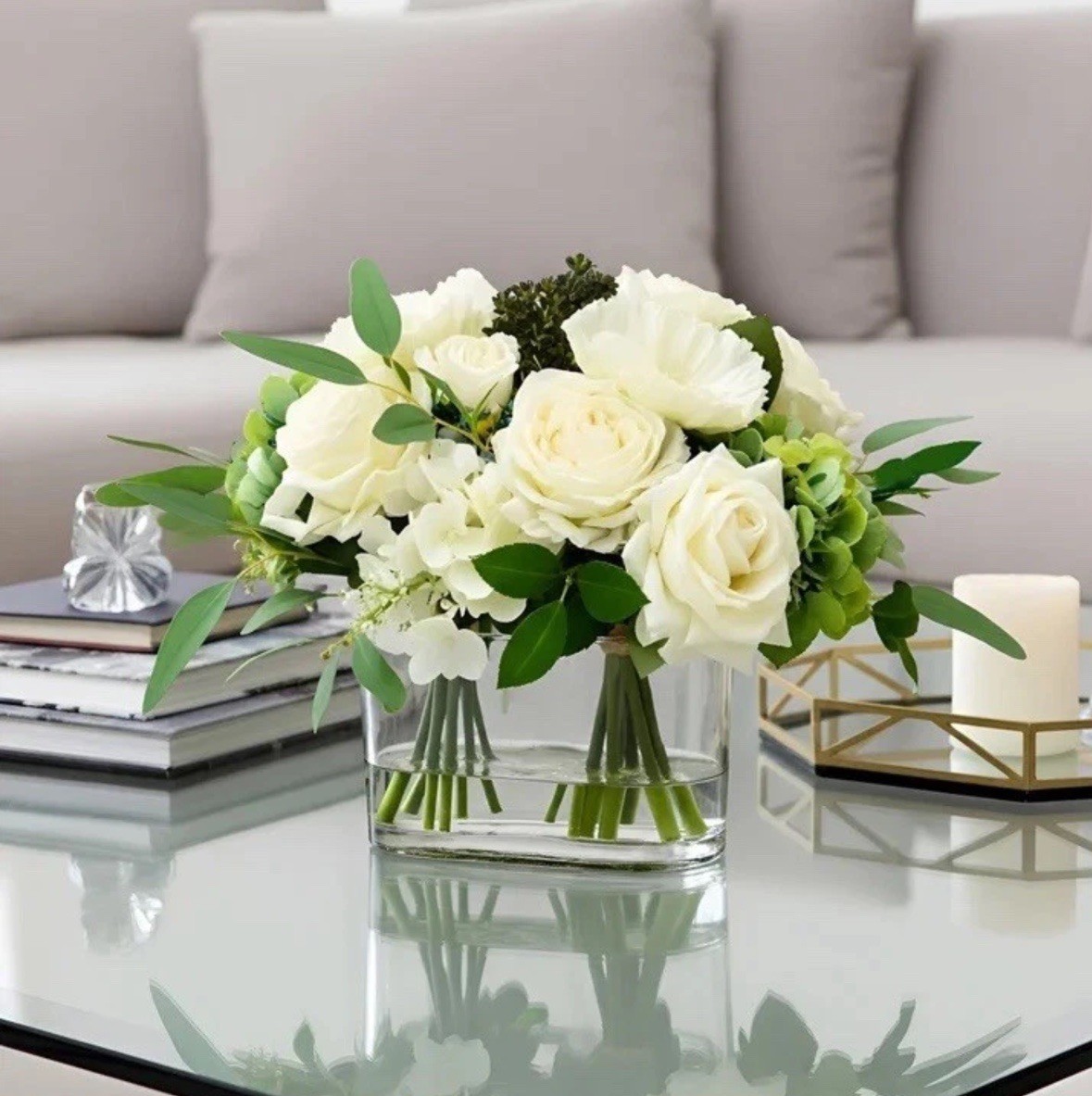 Nearly Natural Faux 10” Mixed Rose & Hydrangea Arrangement,Artificial Flowers
